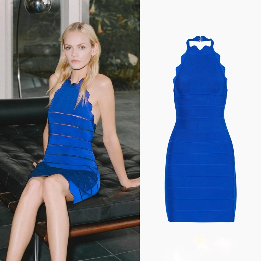 New HERVE LEGER Scallop Edge Bandage Halter Mini Dress in Royal Blue